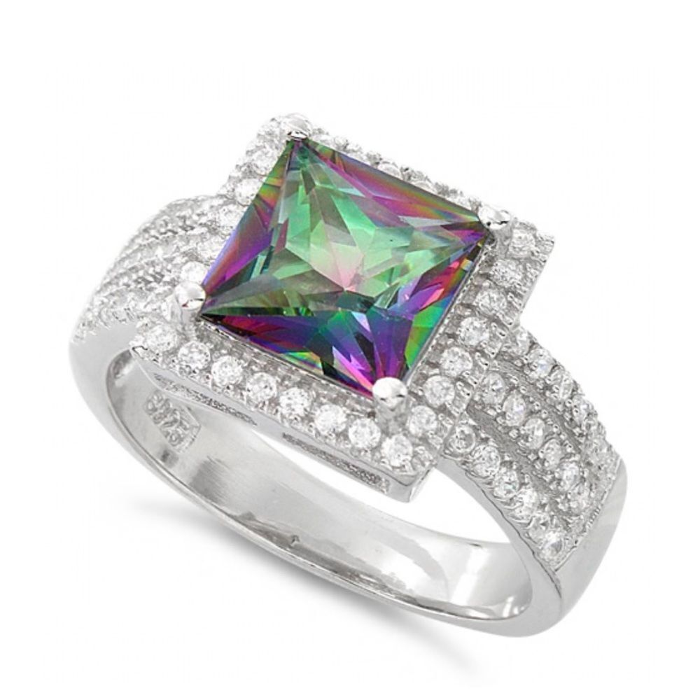 Rainbow Mystic Topaz CZ Princess Cut Ring Sterling Silver New
